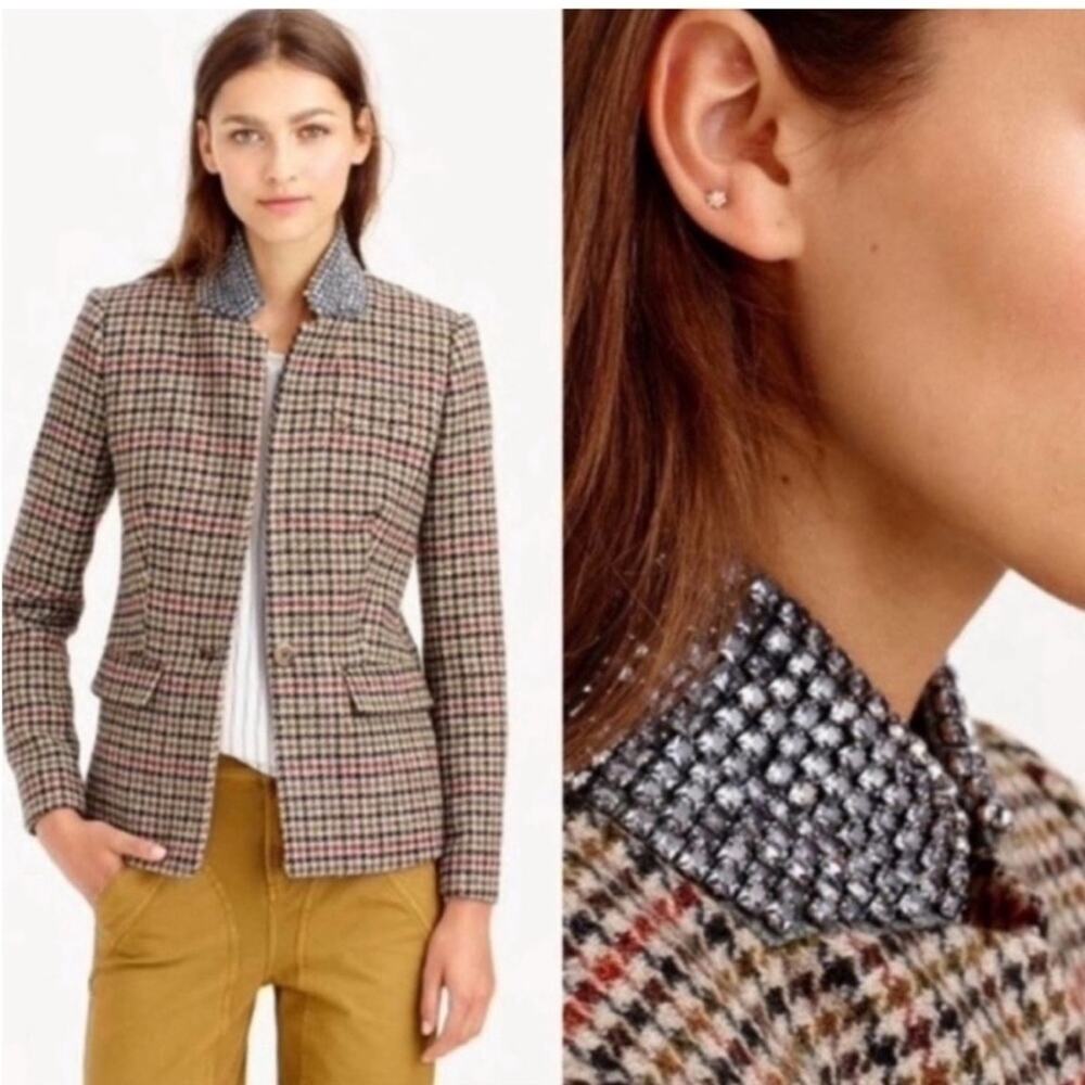 J.Crew Regent houndstooth embellished blazer jacket XS 2 jewel collar rhinestone - Picture 1 of 10
